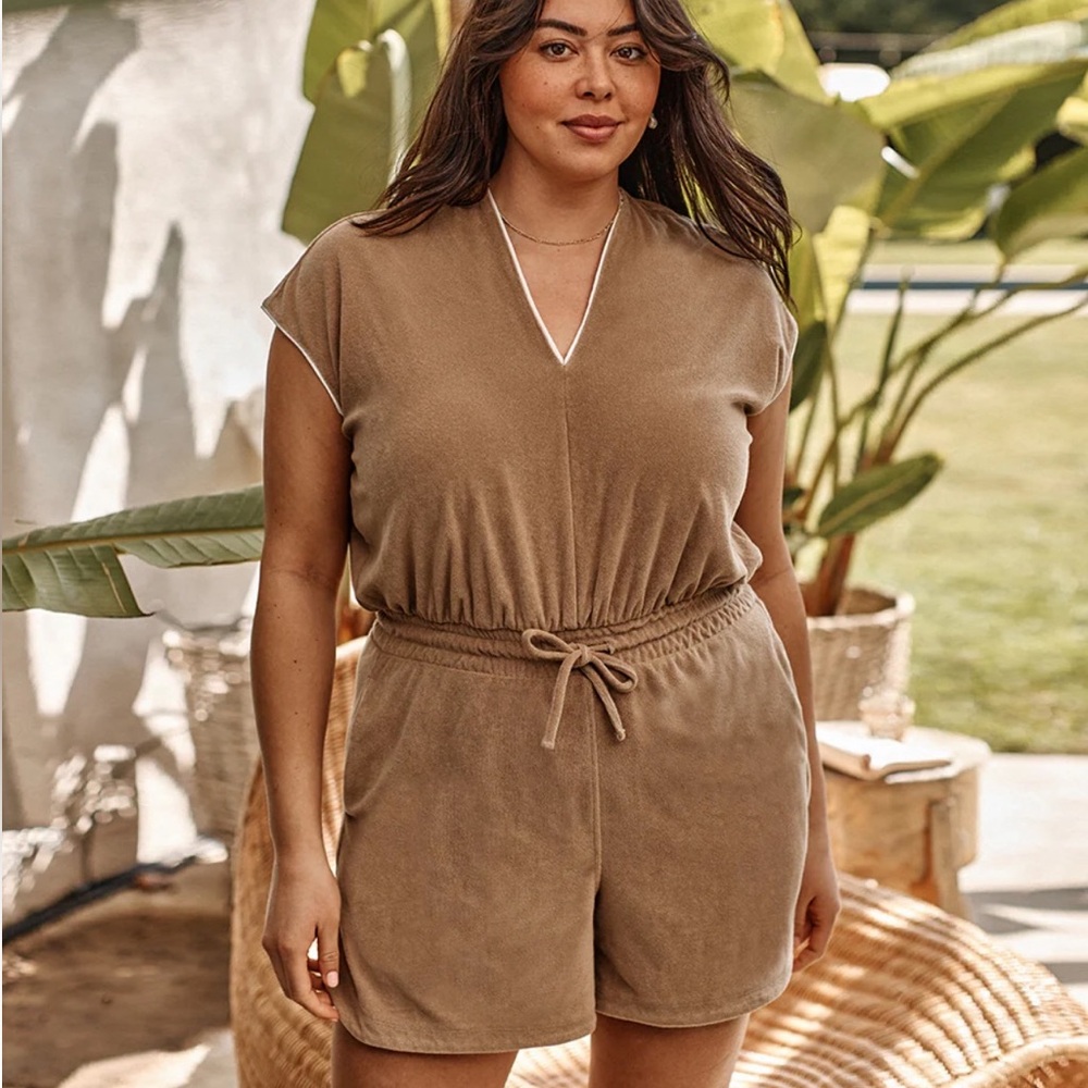 SummerSalt Towel Terry V-neck Romper 2XL camel & white terry cloth beach coverup